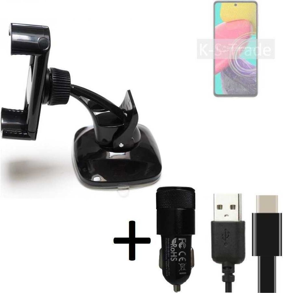 K-S-Trade Handy-Halterung kompatibel mit Samsung Galaxy M53 5G Windschutzscheibe / Armaturenbrett + LADEGERÄT mit Mico USB Kabel Autohalterung