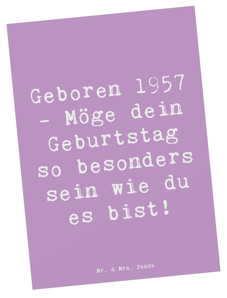 Mr. & Mrs. Panda Postkarte Spruch 1957 Geburtstag - Lavendeltraum - Geschenk, Jahrgang, Glückwunsch, Ansichtskarten, Einzigartigkeit, Happy Birthd...