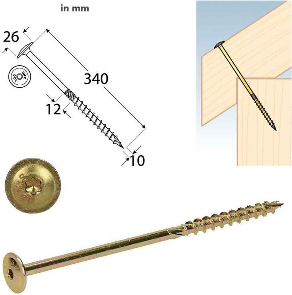 Tellerkopfschrauben 10,0x340 Konstruktionsschrauben Holzschrauben Set 25 Stück