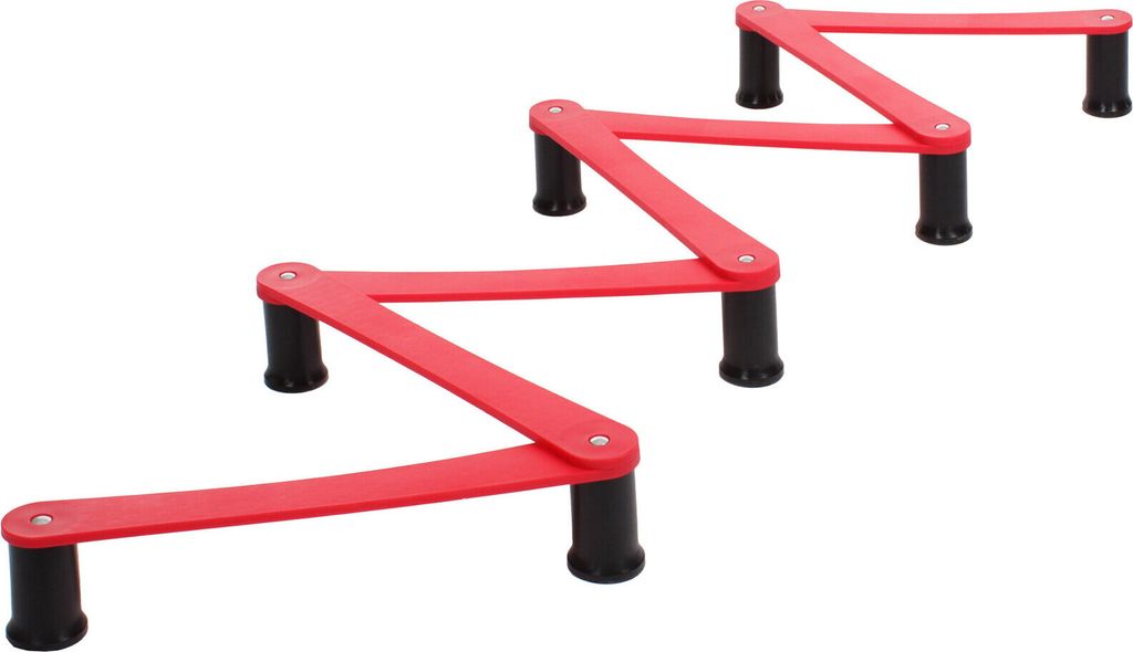 Three red hockey training aids arranged in a staggered pattern against a white background.