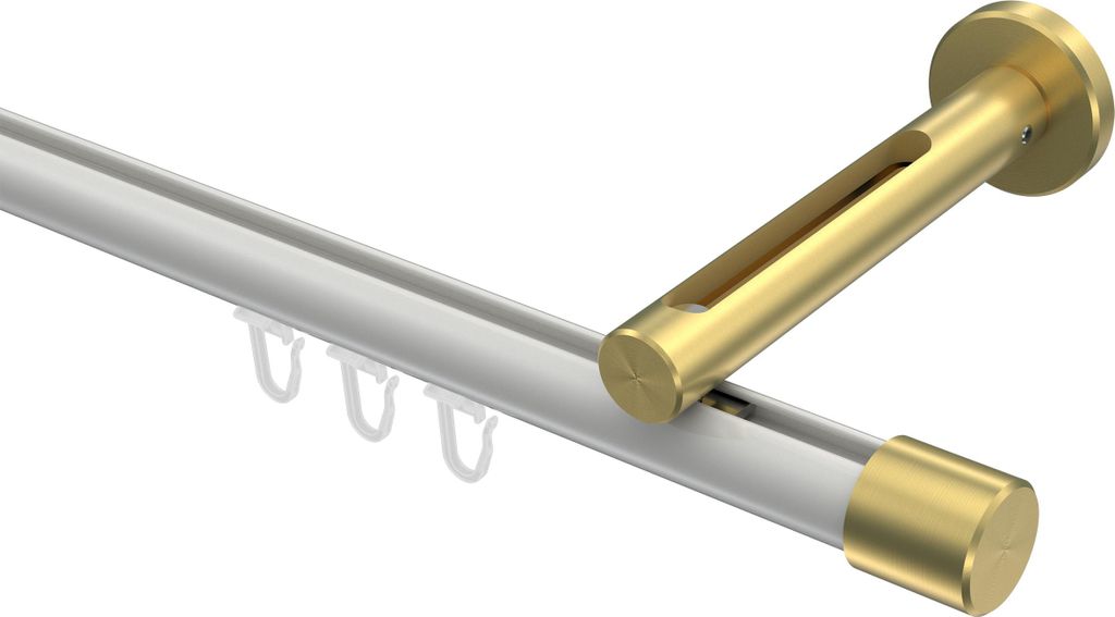 Interdeco Innenlaufstange / Gardinenstange mit Innenlauf Weiß / Messing-Optik, Typ Siteno Santo (Kappe), 20 mm Ø 1-läufig, 540 cm