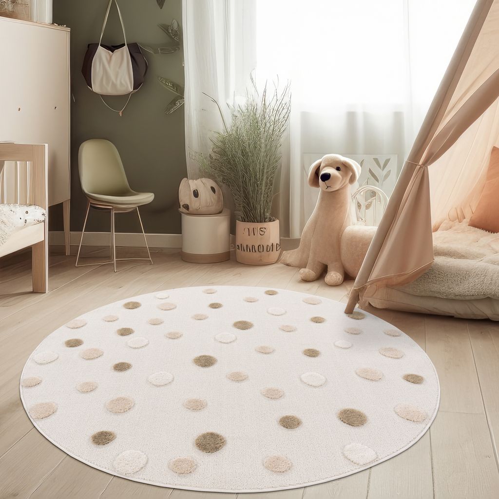 Moderner Kinderzimmerteppich Spielteppich weich 3D Effekt Naturtöne Punkte Grösse 160 cm Rund