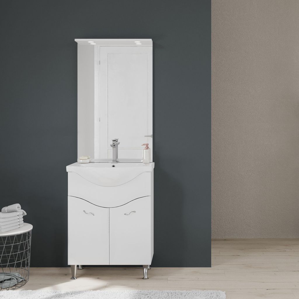 Mobile bagno a terra 65cm 2 ante, specchio con led bianco Immagine del prodotto 