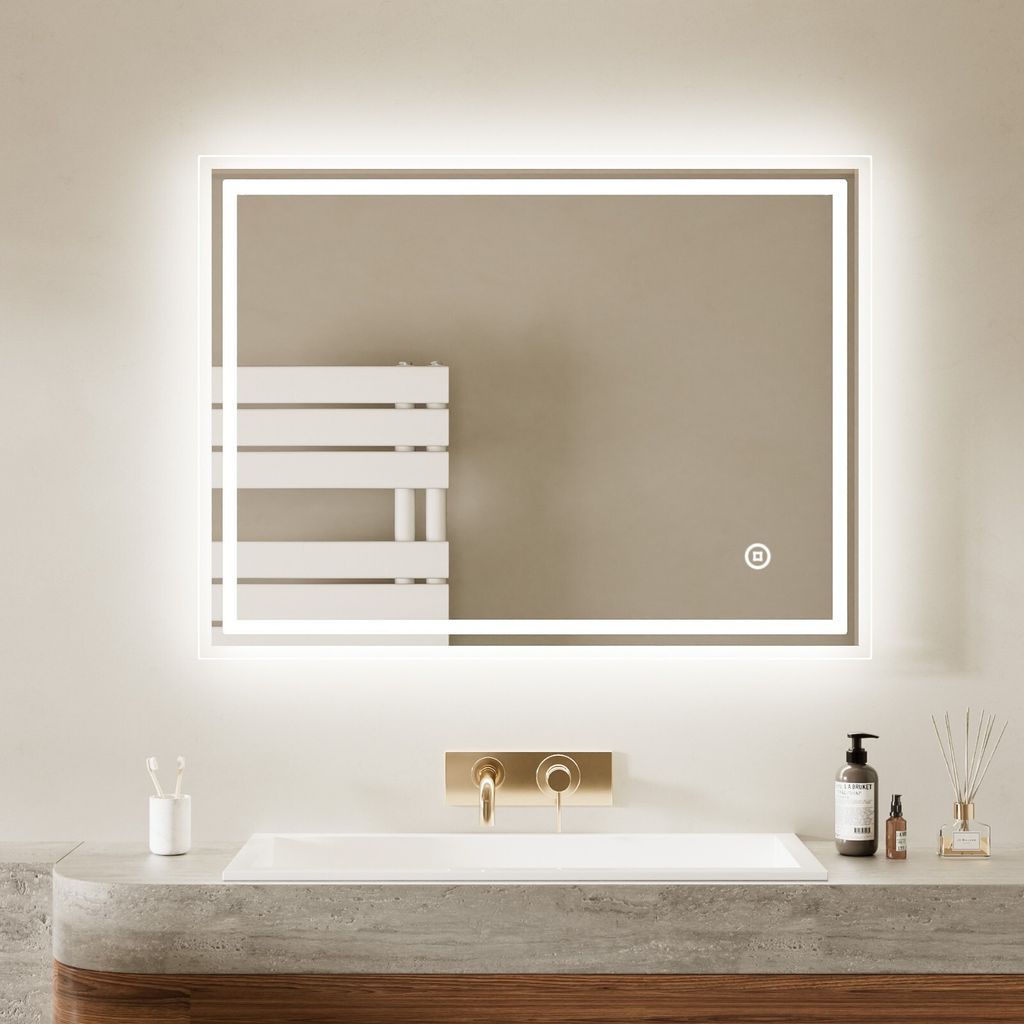 EMKE LED Badspiegel 80x60cm mit Beleuchtung 3 Lichtfarbe kalt Neutral Warmweiß Lichtspiegel Badezimmerspiegel Touchschalter Beschlagfrei