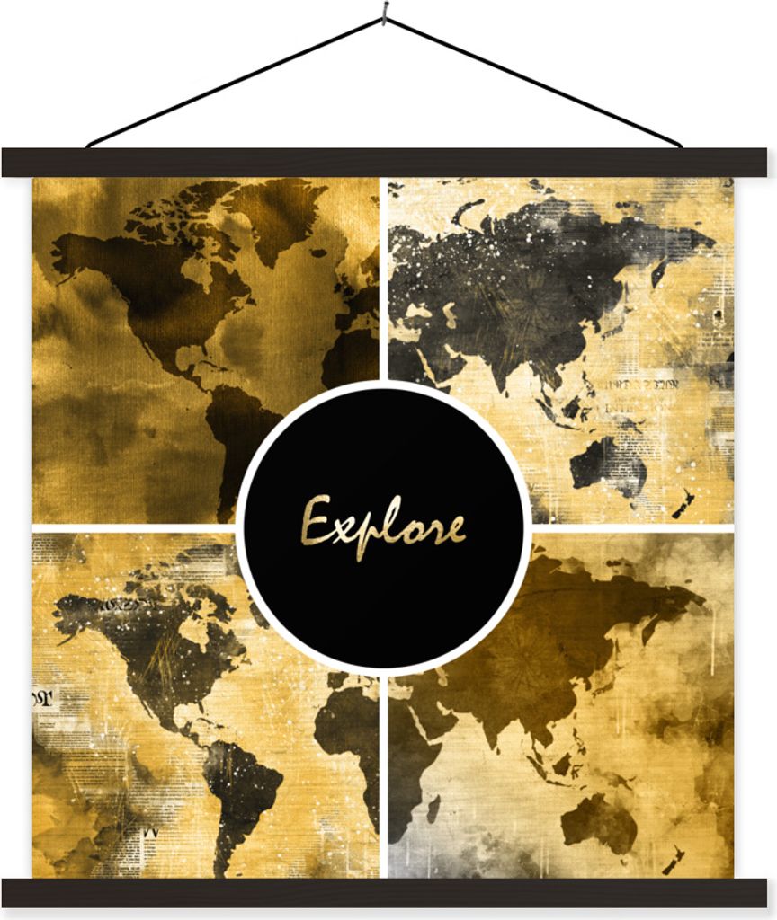 MuchoWow Textilposter Weltkarten - Collage - Gold 90x90 cm mit schwarzem Rahmen - Magnetisches