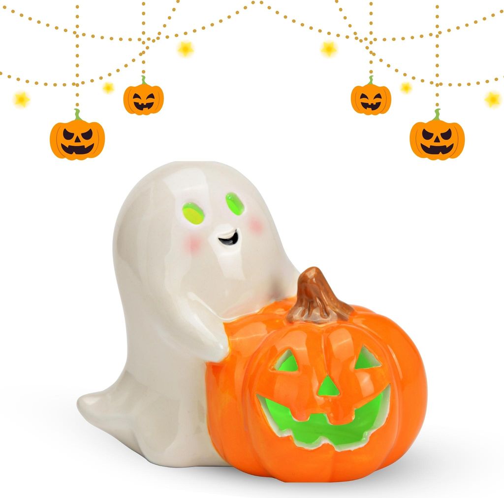 Keramik Geist mit LED & Kürbis, Weiß, Halloween Deko, 10 cm