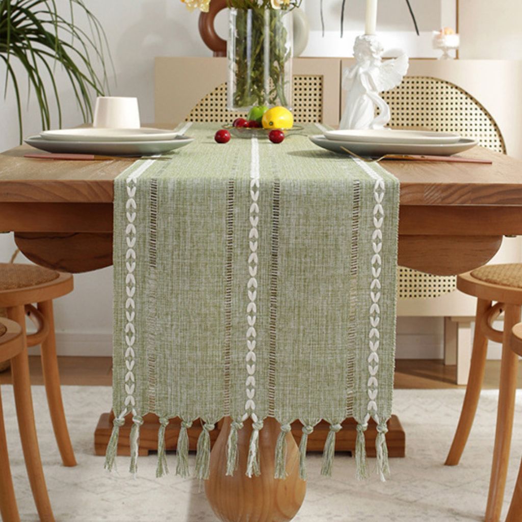 Makramee Tischläufer Landhausstil Table Runner mit Quasten, Brautdusche, Esstisch Dekor, Partys, Dessert-Tischdekoration,(Grün)