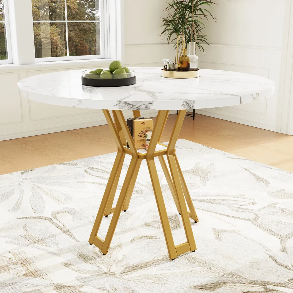 Petite Table à Manger Ronde pour Appartement - Style Luxueux Blanc et Doré