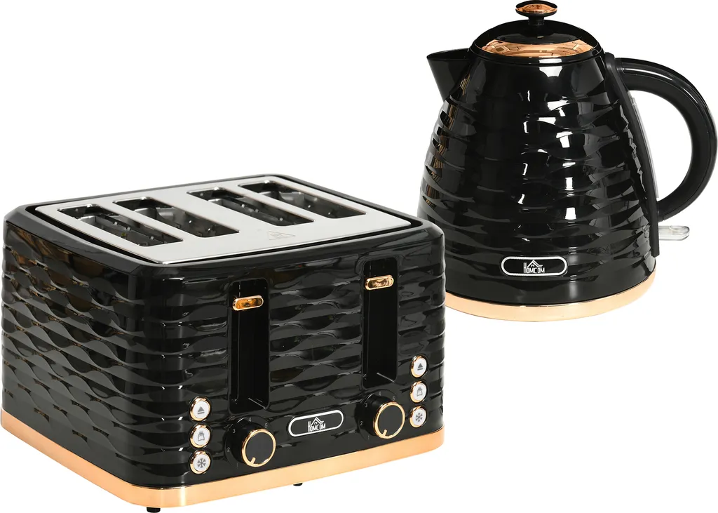 HOMCOM Bollitore tostapane Set per la colazione con bollitore da 1,7 litri, tostapane a 4 fette, 2200 W, 7 livelli di doratura, termostato Otter, nero