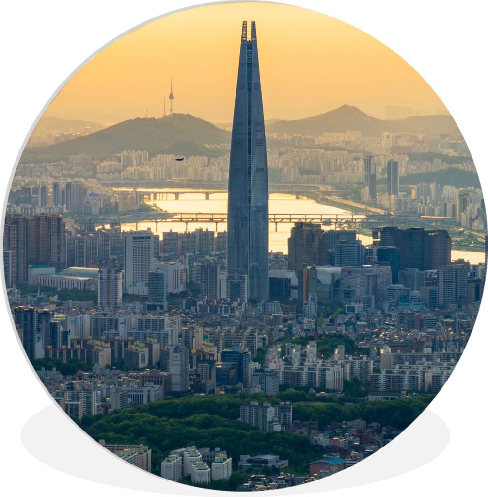 MuchoWow Rundes Wandbild - Runde Bilder Skyline von Seoul in Südkorea mit einem orangefarbenen Himmel Ø 90 cm Kreis Wanddekoration Kunststoff -...
