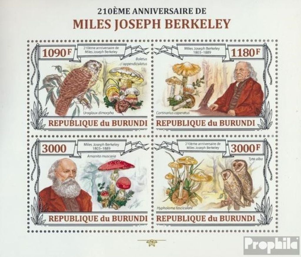 Briefmarken Burundi 2013 Mi 3168-3171 Kleinbogen (kompl. Ausgabe) postfrisch Miles Joseph Berkeley