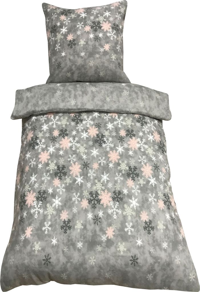 3 tlg Bettwäsche 200x200 cm Kristall Schneeflocken grau Doppelbett Thermofleece
