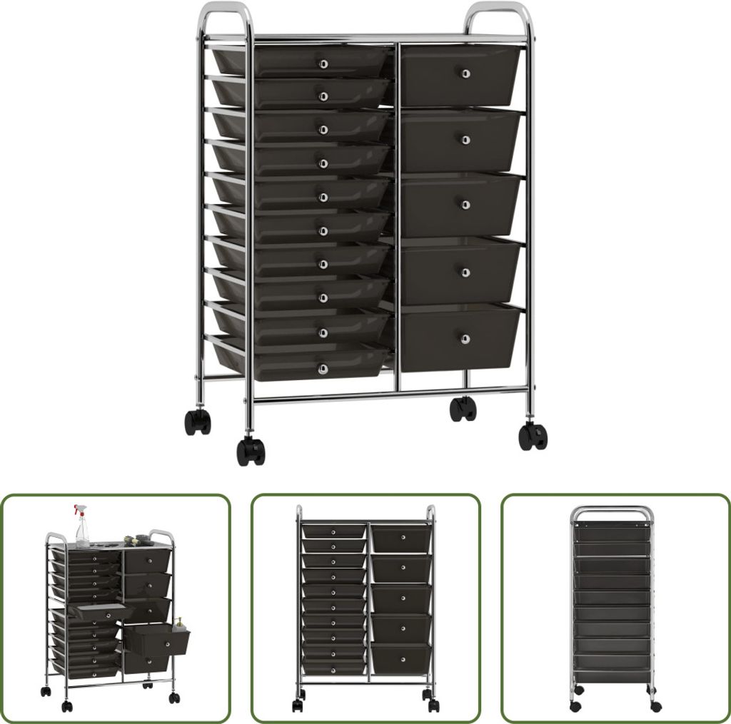 The Living Store XXL Schubladenwagen mit 15 Schubladen Schwarz Kunststoff