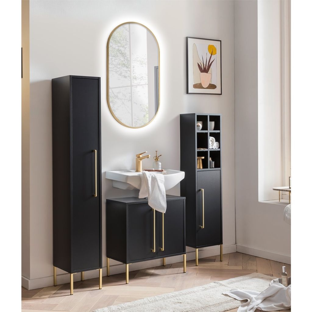 Badezimmer Set SARAY-80 in schwarz mit LED Beleuchtung Spiegel oval goldfarben, B/H/T: ca. 142,5/200/30 cm