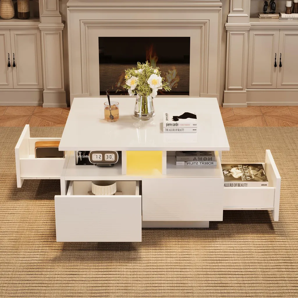 Table Basse 70x70 cm Blanche Lumineuse LED App et 4 Tiroirs de Stockage