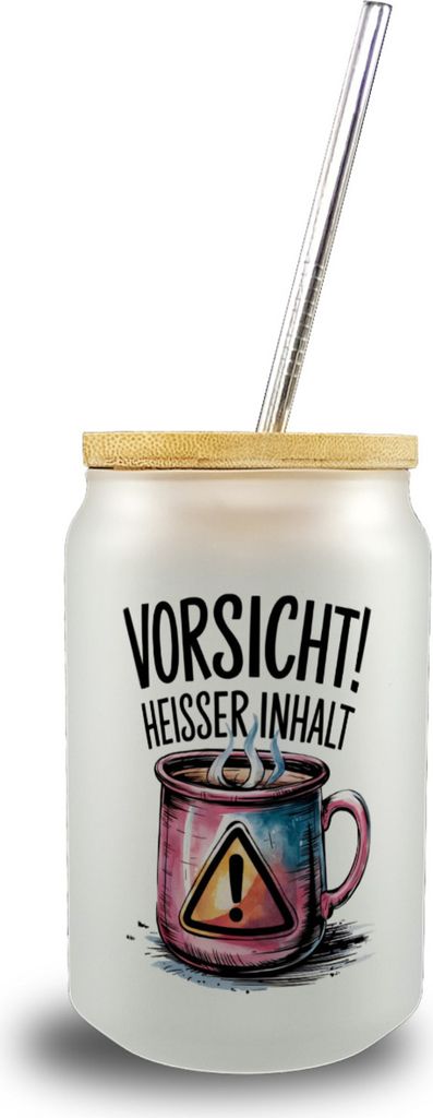 Dampfende Tasse Vorsicht Heißer Inhalt Trinkglas mit Bambusdeckel
