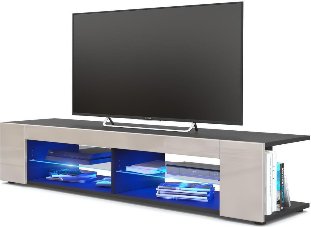 Vladon Lowboard Movie, TV-Kommode mit 4 offenen Fächern und Zierleisten, Schwarz matt/Sandgrau Hochglanz, inkl. LED-Beleuchtung blau (134 x 29 x 3...