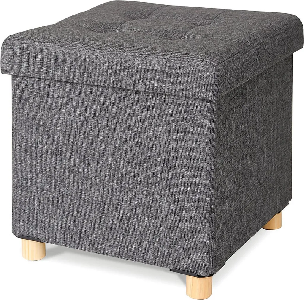 Siège Cube de Rangement Moderne en Tissu Lin Gris et Pieds de Confort