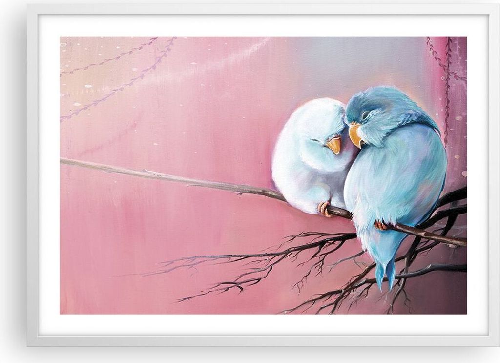 Gerahmtes Poster - Weißer Rahmen - Vögel Blau Zweig - 70x50 cm - Wand Bild - Wanddeko - Wandbilder - Kunstposter - Wandposter - Bilderrahmen - Bi...