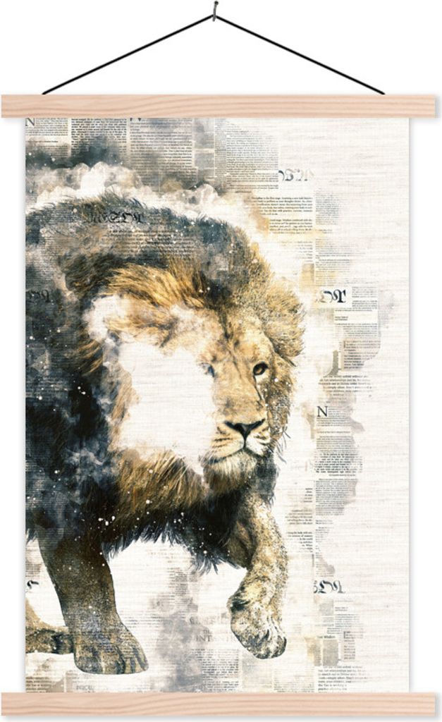 MuchoWow Textilposter Rauch - Löwe - Abstrakt 120x180 cm mit holzfarbenen Rahmen - Textil-Plakat