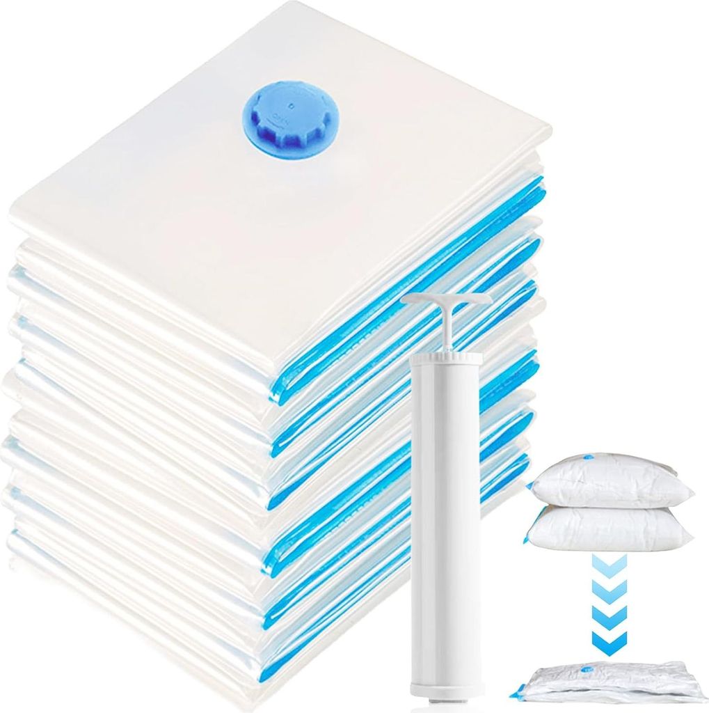 Set von 12 Vakuumbeuteln für Kleidung 60 x 40 cm mit Handpumpe - 80% Platzersparnis - Bettdecken Kleidung Bettwäsche Decken.