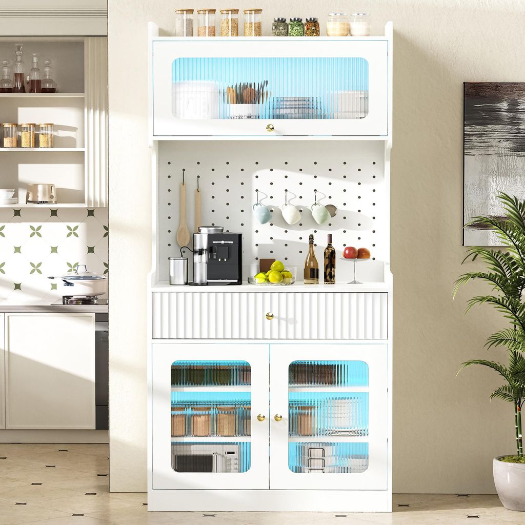 Merax Küchenschrank mit Schubladen und 3 Glastür, Hochschrank mit LED-Beleuchtung, Glastürvitrine Ideal für Esszimmer, Wohnzimmer und Küche, W...