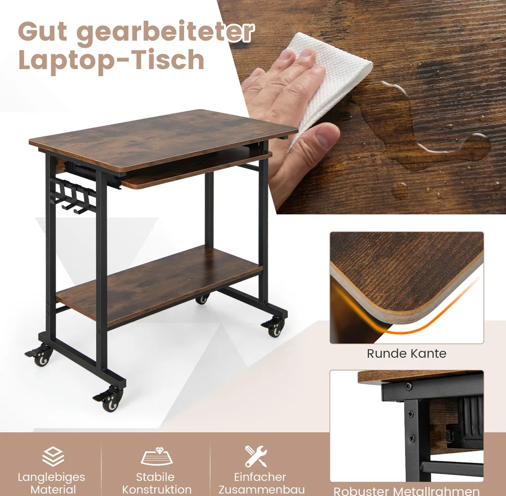 Table d'ordinateur compacte avec tablette clavier et roulettes en métal