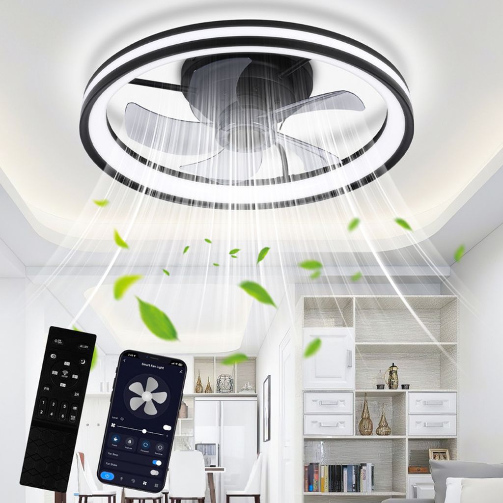 Clanmacy 48CM Deckenventilator mit LED Beleuchtung und Fernbedienung Ventilator Lüfter Deckenlampe Schwarz