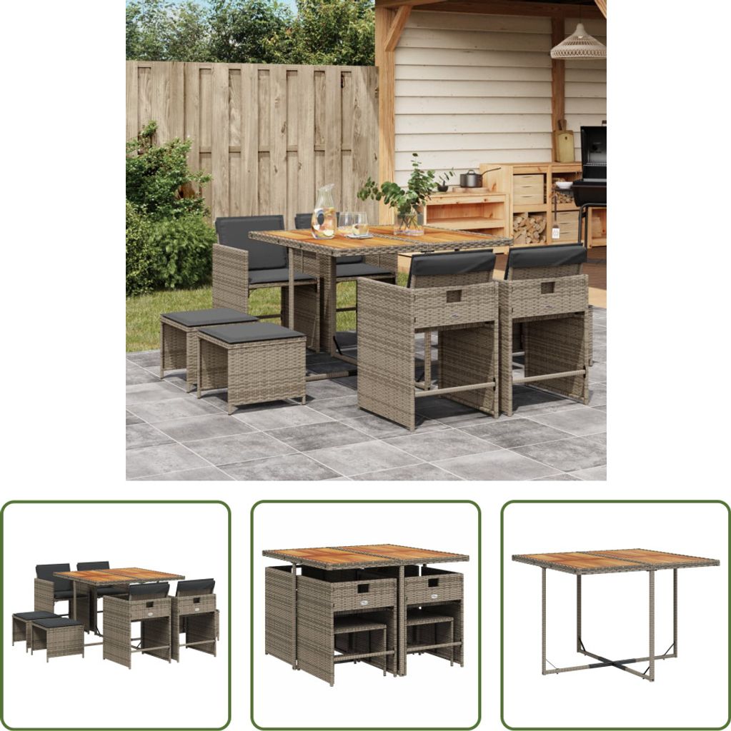The Living Store 9-tlg. Garten-Essgruppe mit Kissen Grau Produktbild 