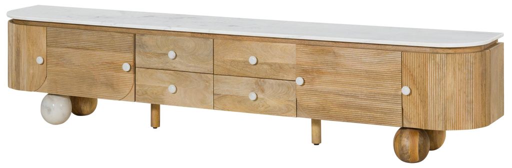 MASSIVMOEBEL24 TV-Board Mango 240x40x50 natur lackiert / Marmor weiß FLORENZ #103