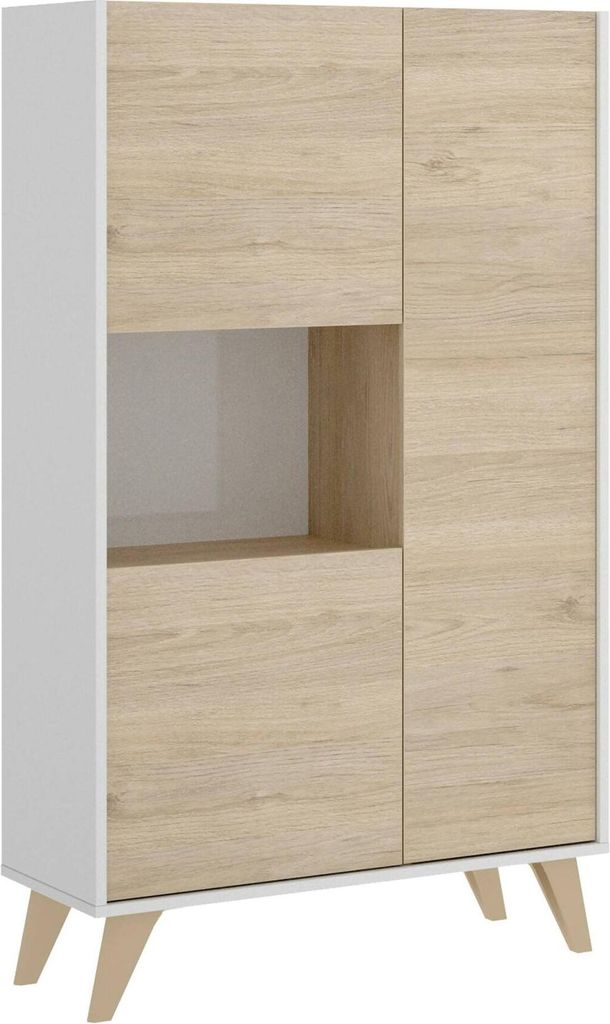 Sideboard Damraba, Hohes Buffet für Wohnzimmer, Modernes Sideboard für Wohnzimmer mit 3 Türen, 81x43h135 cm, Eiche und Weiß