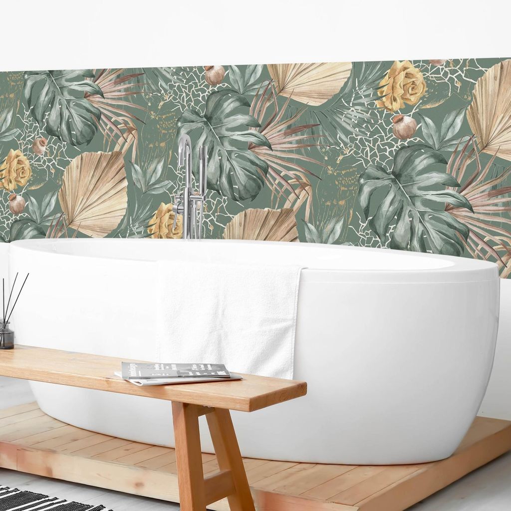Wandverkleidung Bad Muster selbstklebend - 0.61 mm Wandpaneel matt wasserfest Pflanzen grün Aquarell Illustration Badrückwand fugenlos 250x70 cm