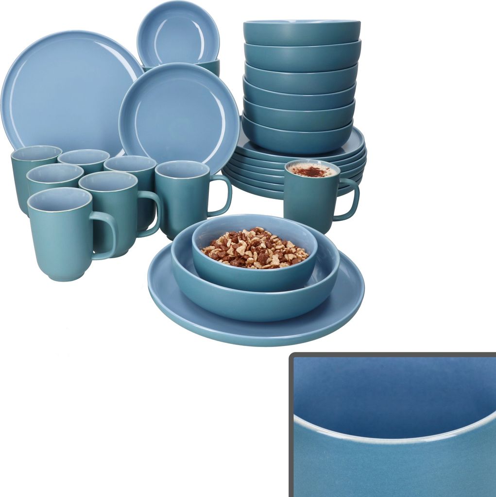 32tlg Kombiservice Jasper Ozeanblau Steingut 8 Personen Becher Schalen Teller