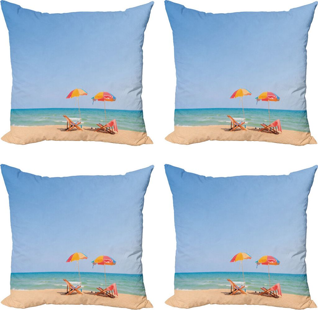 ABAKUHAUS Strand Kissenbezug Set (4 Stück), Stuhl Regenschirm Relaxing, Moderner Doppelseitiger Digitaldruck, 45 cm x 45 cm, Türkis Beige