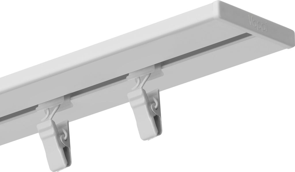 Voppi Aluminium Gardinenschiene 1-läufig 220 cm weiß, silent Gleiter mit Klammern und Haken, Vorhangschiene, Deckenmontage