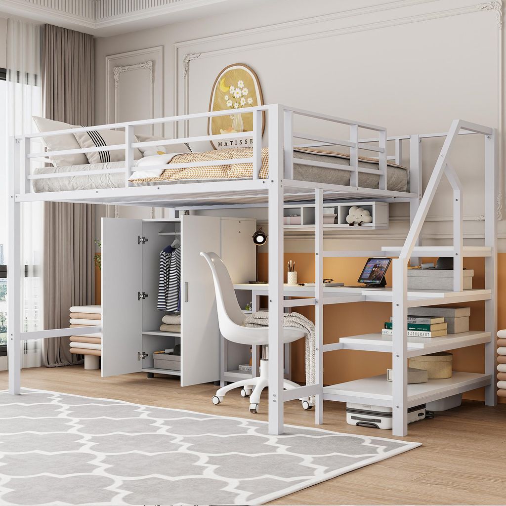 Sweiko Hochbett, 140x200cm , Kleiderschrank, Regale, Ablageleiter, Schreibtisch, ohne Matratze, Weiß