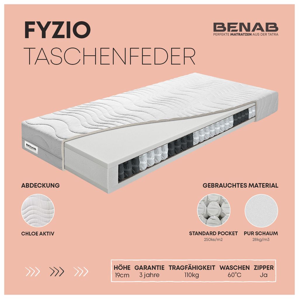Taschenfederkernmatratze Benab Fyzio Taschenfederkern Matratze 85 x 195 cm H2 hart 19 cm hohe Taschenfederkernmatratzen, PUR, Standard Taschenmatra...