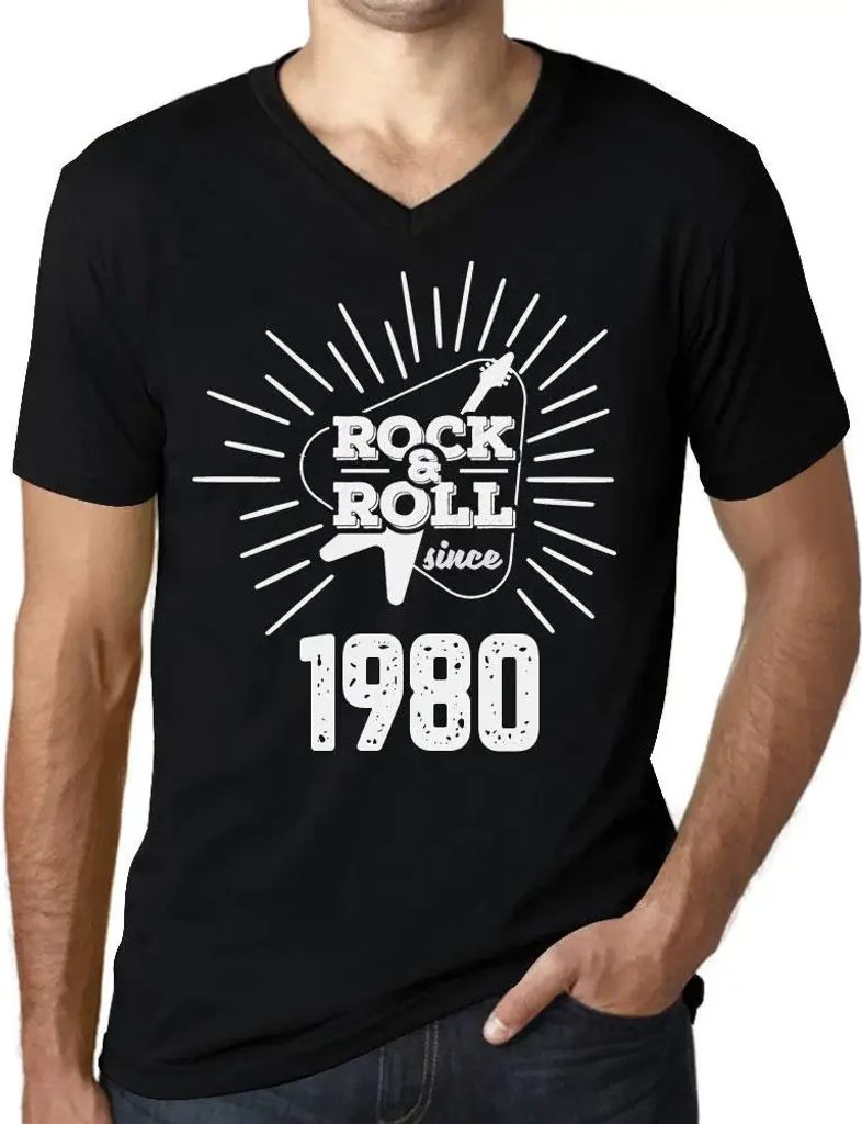 Herren Grafik T-Shirt V-Ausschnitt Gitarre und Rock'n'Roll seit 1980 – Guitar and Rock & Roll Since 1980 – Geschenk 44. Geburtstag Jahrestag 44...