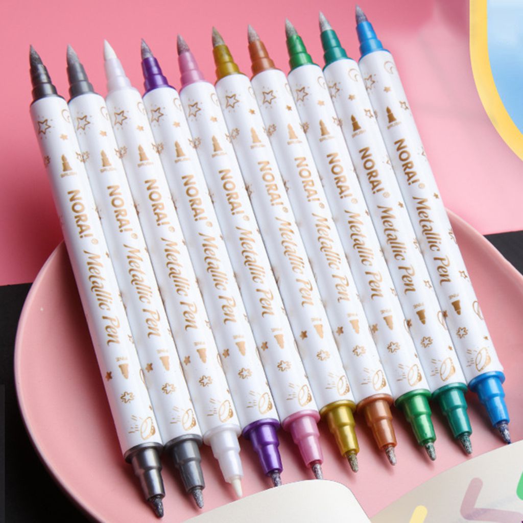 10pcs Highlighter Stift helle Farbe Glattes Zeichnen Schnell trocknen Doppelkopf Silber Farbe Metallic Art Marker Stift für die Schule