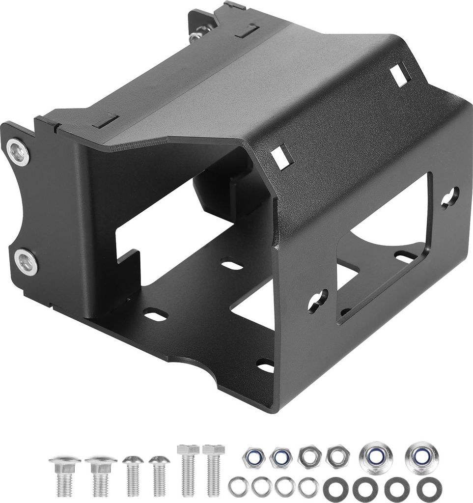 A black metal winch mount bracket and hardware are shown against a white background.