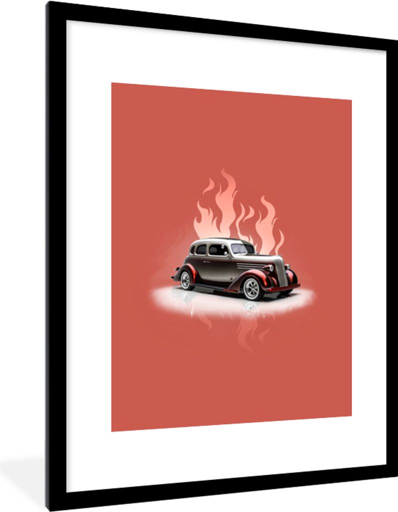 MuchoWow Gerahmtes Poster Auto - Rosa - Vintage - Flammen 60x80 cm - Poster mit Schwarzem Bilderrahmen Wandposter Rahmen Foto Bilder - Wohnzimmer...