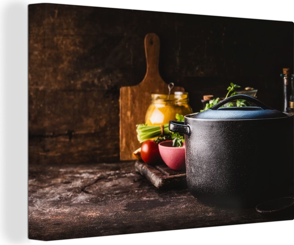 OneMillionCanvasses - Leinwandbilder - 150x100 cm, Rustikal - Stilleben - Pfanne - Gemüse, Wandbilder Kunstdruck Wanddekoration - Foto auf Leinw...