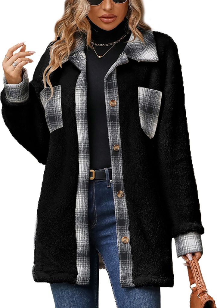 ASKSA Damen Fleecejacke Karierte Wolljacke Oversized Teddyfleece Winterjacke Winte Basic Warme Jacken mit Taschen (Schwarz,L)