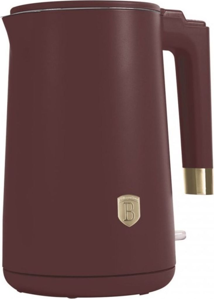 A maroon electric kettle with a gold logo and accents.