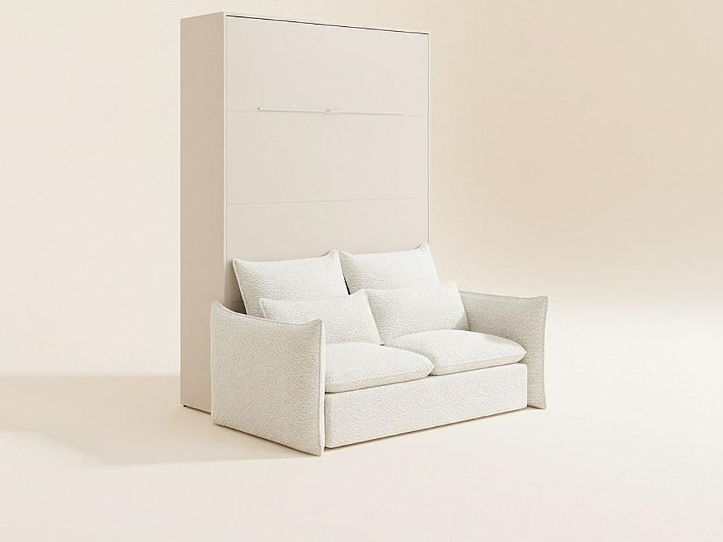 Schrankbett 160 x 200 cm – Vertikale manuelle Öffnung – Mit LED-Beleuchtung – Beige + Sofa – RAPILI
