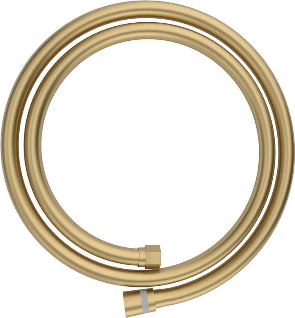 A coiled gold-colored shower hose on a white background.