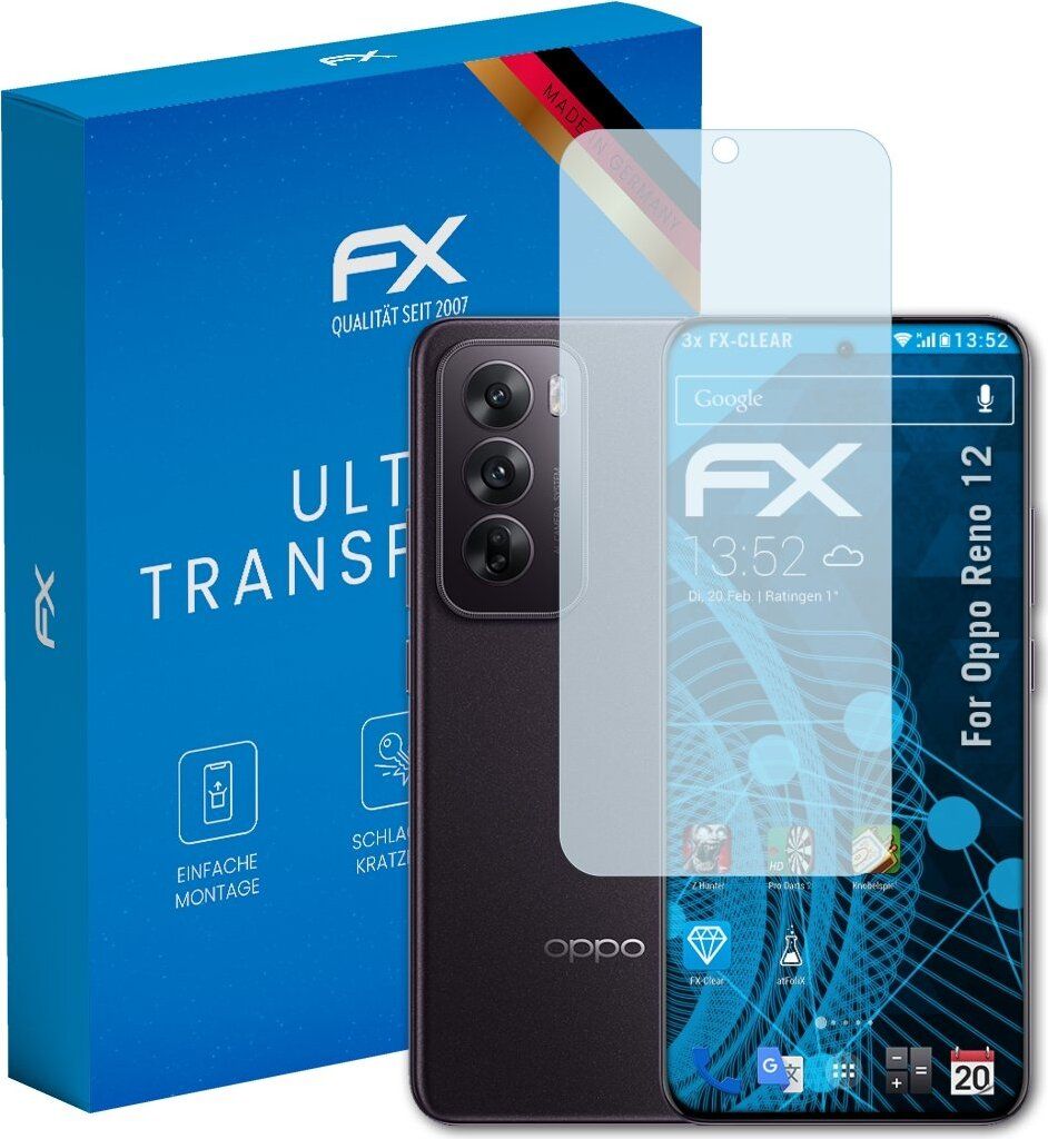atFoliX FX-Clear 3x Schutzfolie kompatibel mit Oppo Reno 12 Displayschutzfolie