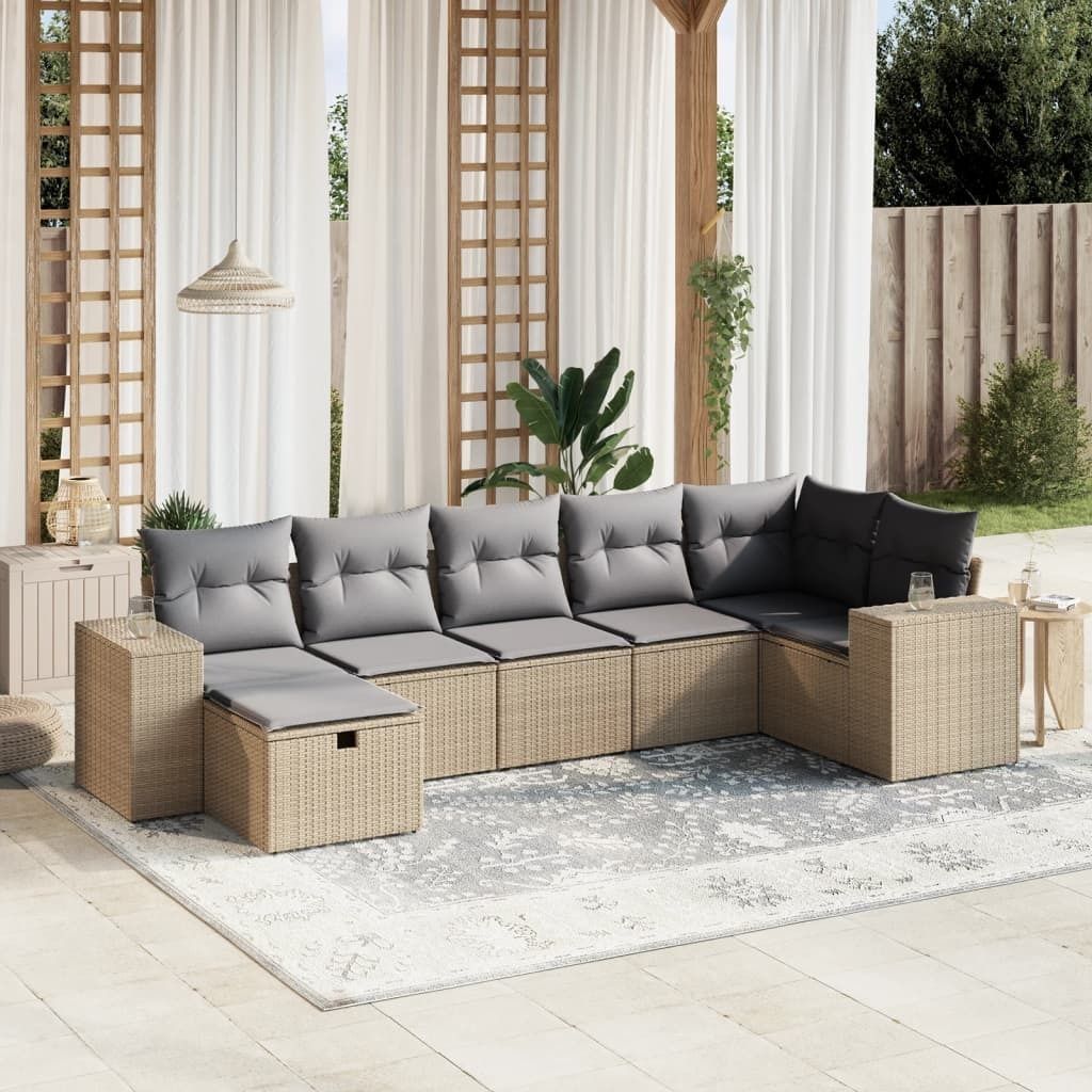 Design 7-tlg. Garten-Sofagarnitur mit Kissen Beige Poly Rattan, Gartenmöbel-Sets 2024 Neu