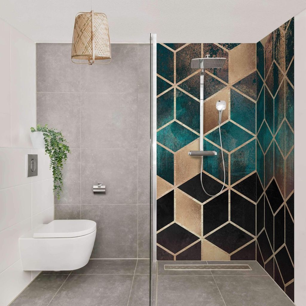 Duschrückwand Muster selbstklebend - 0.35 mm Wandpaneel wasserfest Geometrisch türkis Aquarell Abstrakt Badrückwand fugenlos Smart matt 100x210 cm