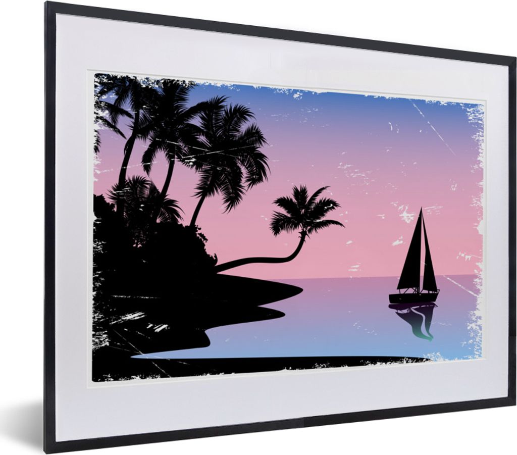 MuchoWow MuchoWow Gerahmtes Poster Boot - Palme - Himmel - Zeichnung 40x30 cm - Poster mit zchwarzem Bilderrahmen - Bilderrahmen - Poster im Ra...